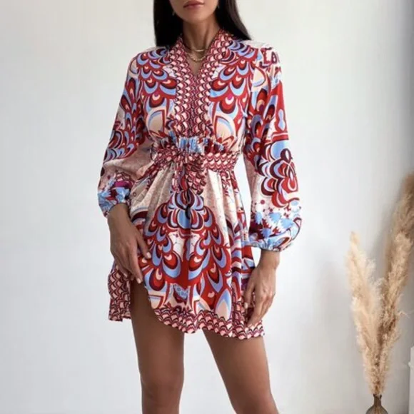 Boho Lantern Sleeve Mini Dress Office Work - Picture 3 of 5